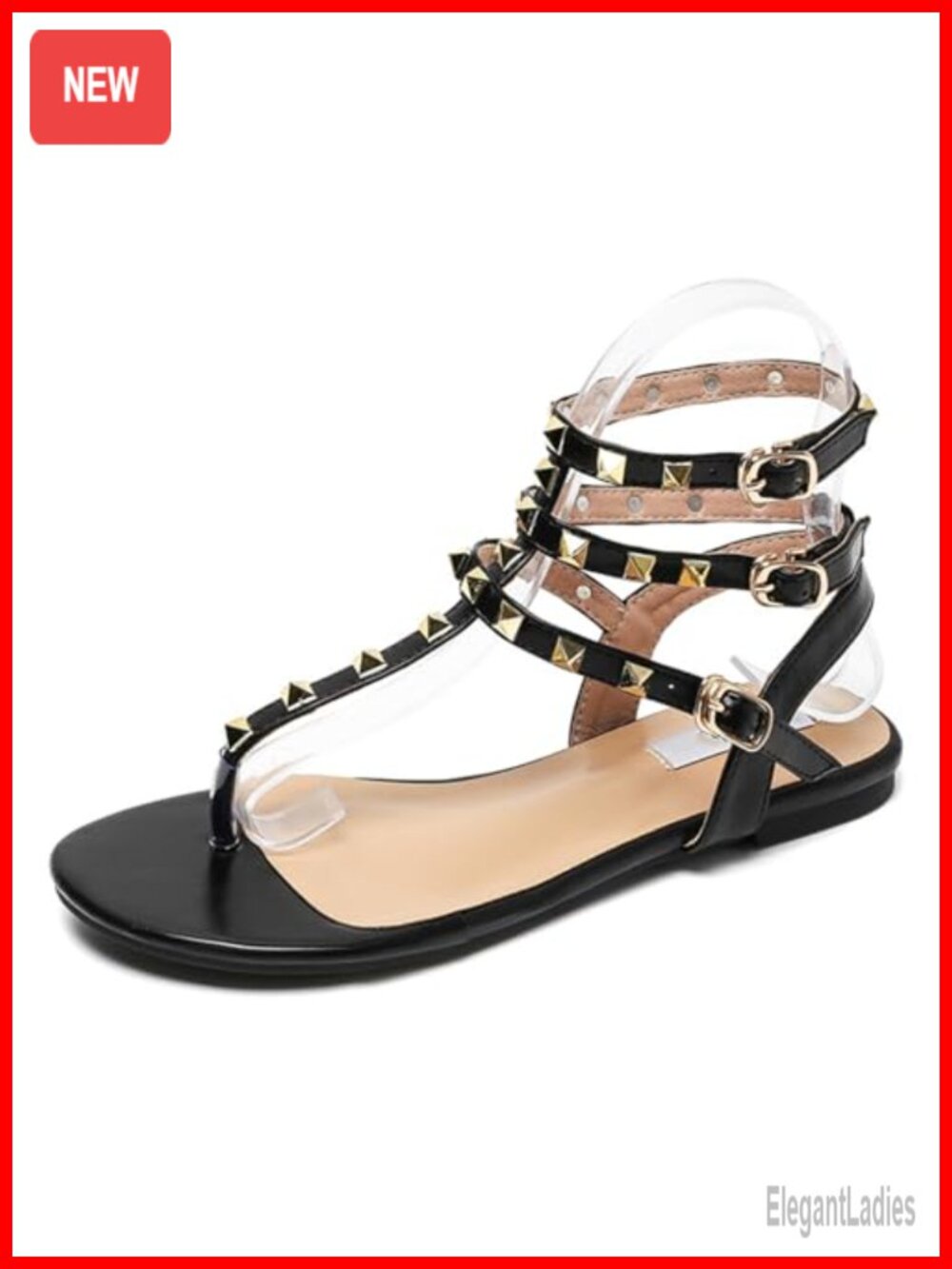 Strappy Studded Flat Thong Gladiator Sandals with 3 Ankle Buckle Clip Toe